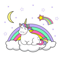 Naklejka premium Magic cute unicorn stars and rainbow. Poster greeting card vector illustration with outline.