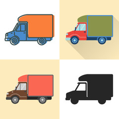 Luton truck icon set in flat and line styles
