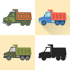 Dump truck icon set in flat and line styles