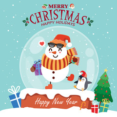 Vintage Christmas poster design with vector Reindeer, Santa Claus, snowman, elf, penguin characters.