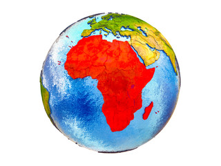 Africa on 3D model of Earth with country borders and water in oceans. 3D illustration isolated on white background.