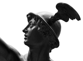 Ancient statue of the antique god of commerce, merchants and travelers Hermes - Mercury . He is...