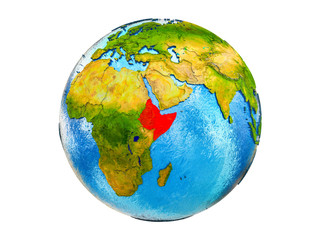 Horn of Africa on 3D model of Earth with country borders and water in oceans. 3D illustration isolated on white background.
