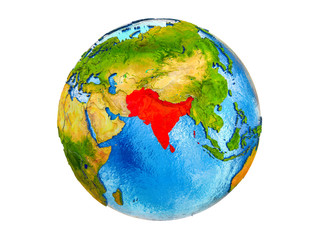 South Asia on 3D model of Earth with country borders and water in oceans. 3D illustration isolated on white background.