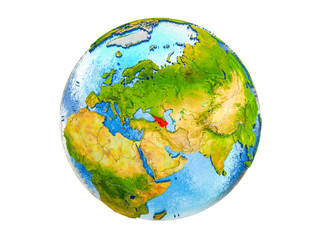 Caucasus region on 3D model of Earth with country borders and water in oceans. 3D illustration isolated on white background.