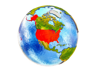 United States on 3D model of Earth with country borders and water in oceans. 3D illustration isolated on white background.