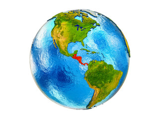 Central America on 3D model of Earth with country borders and water in oceans. 3D illustration isolated on white background.