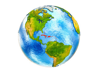 Caribbean on 3D model of Earth with country borders and water in oceans. 3D illustration isolated on white background.