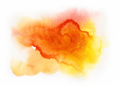 Painting. Yellow orange red watercolor paint on white paper sheet