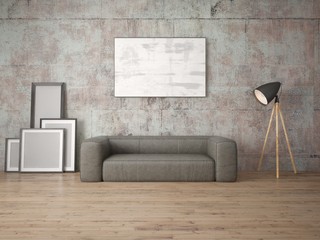 Mock up fashionable living room with a comfortable soft sofa and stylish hipster backdrop.