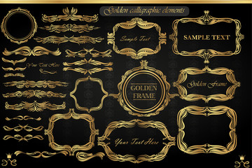 Set of vintage frames and decorative elements on a black background