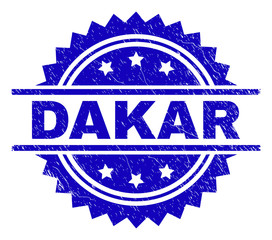 DAKAR stamp seal watermark with distress style. Blue vector rubber print of DAKAR title with dust texture.