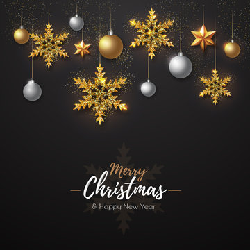 Christmas poster with golden snowflakes. Christmas greeting card