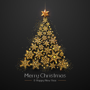 Christmas poster with golden Christmas tree. Christmas greeting card