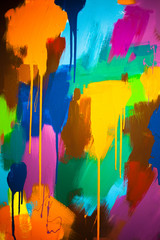 The abstract dabs of paint in different colors on the canvas