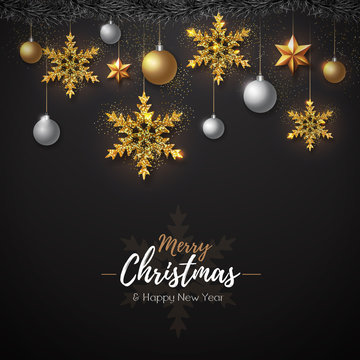 Christmas poster with golden snowflakes. Christmas greeting card
