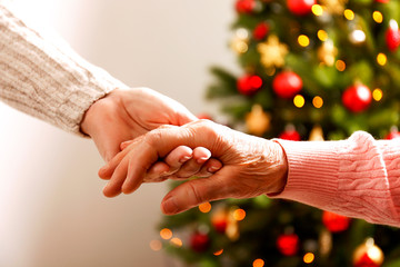 Elderly woman celebrating Christmas at home, with decorated holiday pine tree on background. Old...