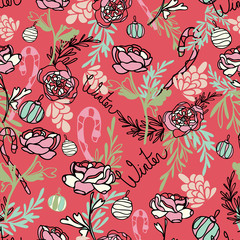 Vector Red Christmas Roses Seamless Pattern