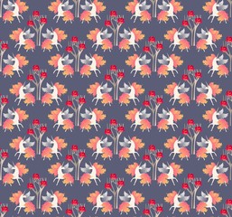Fototapeta na wymiar Endless pattern with cute winged unicorns in autumn garden in vector. Manes and tails in shape of orange viburnum or maple leaves. Unique print for fabric.