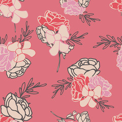 Vector Red Roses and Ribbons Seamless Pattern