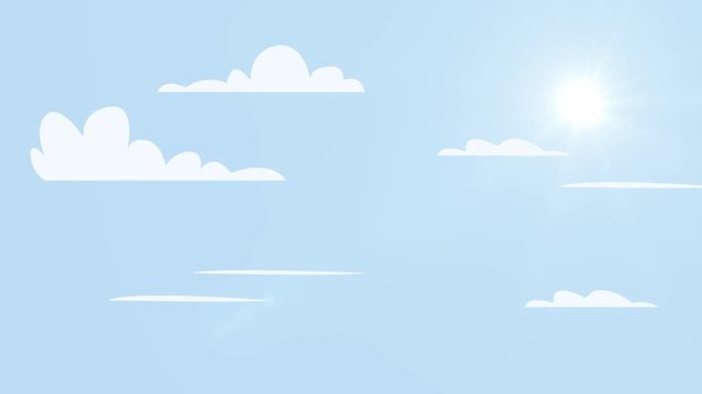 Sunny background, blue sky with white clouds moving and sun motion video.Cartoon scene skyscape.