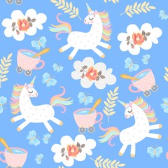 Seamless pattern with funny unicorns, cups of tea, clouds with rose flower, autumn leaves and blue butterflies. Print for fabric, wallpaper. Vector illustration.