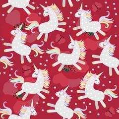 Seamless background with funny unicorns, poppy flowers and butterflies on bright red background in vector. Print for fabric, wallpaper.
