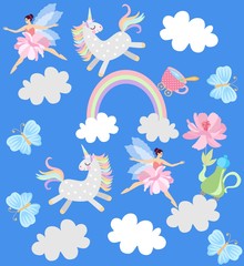 Funny unicorns, winged fairies, teapot with flowers, cup of tea, rainbow, clouds and butterflies on sky blue background in vector. Wallpaper or cute poster for baby.