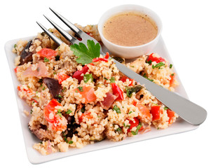 ROAST VEGETABLE AND COUSCOUS SALAD WITH VINAIGRETE DRESSING ON WHITE