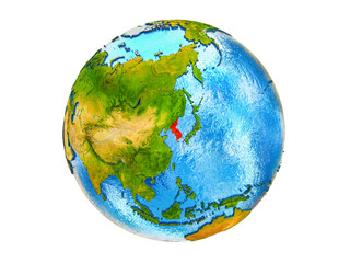 Korea on 3D model of Earth with country borders and water in oceans. 3D illustration isolated on white background.