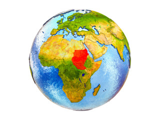 Former Sudan on 3D model of Earth with country borders and water in oceans. 3D illustration isolated on white background.
