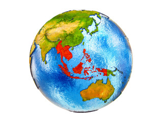 ASEAN memeber states on 3D model of Earth with country borders and water in oceans. 3D illustration isolated on white background.