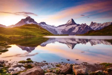 Zelfklevend Fotobehang Captivating scene of the snow rocky massif. Location place Bachalpsee in Swiss alps. © Leonid Tit