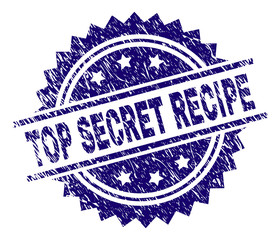 TOP SECRET RECIPE stamp seal watermark with distress style. Blue vector rubber print of TOP SECRET RECIPE caption with unclean texture.