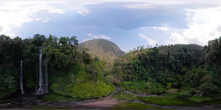 vr360 waterfall in green rainforest. Aerial view triple tropical waterfall Sekumpul in mountain jungle. Bali,Indonesia. Travel concept. Aerial footage.