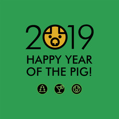 2019 new year yellow pig, congratulations, pictograms on green background, illustration, vector