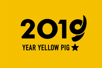2019 new year yellow pig, postcard on yellow background, pig tail, illustration, vector