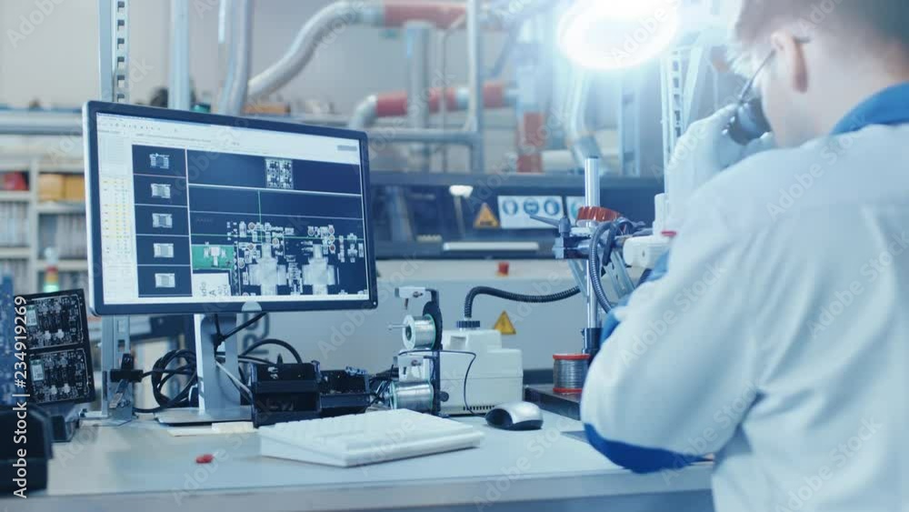 Poster electronics factory worker in white work coat inspects a printed circuit board on a computer screen 