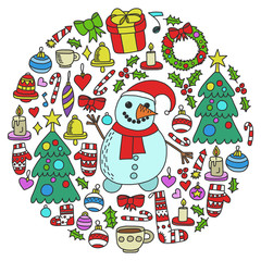 Christmas, holiday, winter, vector illustration. New Year's pattern, children's drawings with a teacher, circle