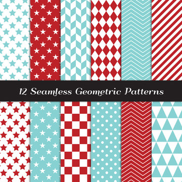 Aqua Blue, Red Geometric Seamless Vector Patterns. Modern Christmas Backgrounds in Diamond, Chevron, Polka Dot, Checkerboard, Stars, Triangles, Herringbone and Stripes. Pattern Tile Swatches Included.