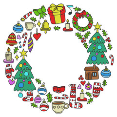 Christmas, holiday, winter, vector illustration. New Year's pattern, children's drawings with a teacher, donut