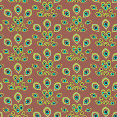 Hand drawn cute Vector seamless pattern. Bright green peacock feathers like a peacock tail. Template for design, textile, wallpaper, wrapping, carpet, carton, print, banner, clothing.