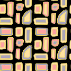 Vector seamless pattern different size pink, purple and yellow geometric figures in gold outlines on a black background  for textile, wallpaper, wrapping, cover page, web site, ceramic tiles, carton.