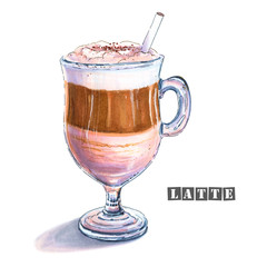 Illustration of a latte with milk foam at the top, a coffee strip in the middle and milk at the bottom of a glass goblet. Colorful sketch of tasty sweet coffee drink. Drawn by professional markers.
