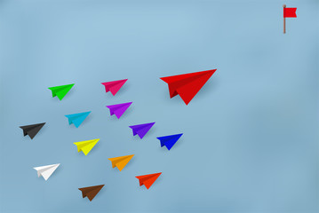 Paper planes Multi color are competing to destinations. Business Financial concepts are competing for success and corporate goals. There is a high competition.