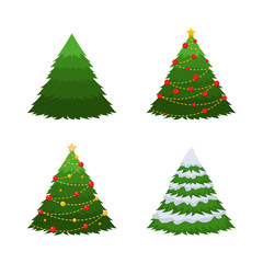 Set of 4 firs. A green fir, a fir in snow, a Christmas-tree with decorations.
