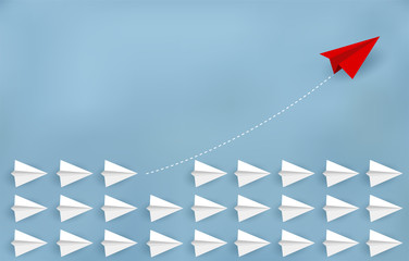 Red paper plane changing direction from white. New ideas. Different business concepts. Courage to risk. leadership. cartoon vector illustrations