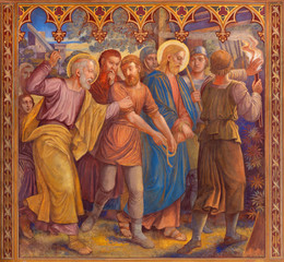 PRAGUE, CZECH REPUBLIC - OCTOBER 13, 2018:  The fresco  of Aresting of Jesus in Gethsemane garden ...