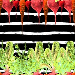 Watercolor Vegan Pattern. Seamless Hand Drawn  Vegetables. Healthy Food Print. Gardening Background. Greenery Repeatable Design for Menu, Restaurant, Salat Bar, Farmers Market. Redish, carrot, beet.