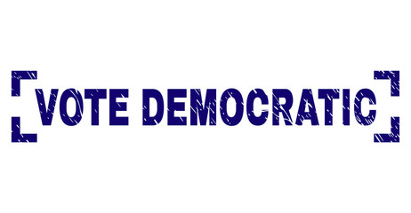 VOTE DEMOCRATIC text seal print with grunge effect. Text label is placed between corners. Blue vector rubber print of VOTE DEMOCRATIC with grunge texture.